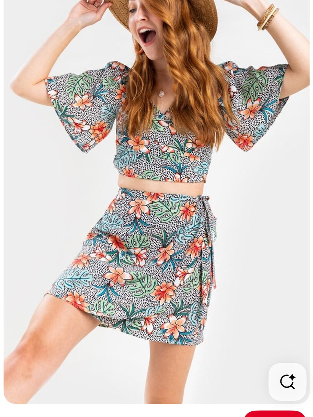 mi ami Floral Wrap Crop Top & Skirt Set - Coral, Teal, Black & White